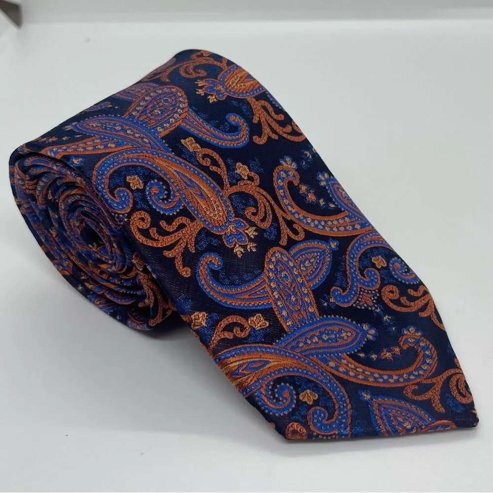 Your Ties Navy Orange Paisley Silk Necktie NWT Office Career
